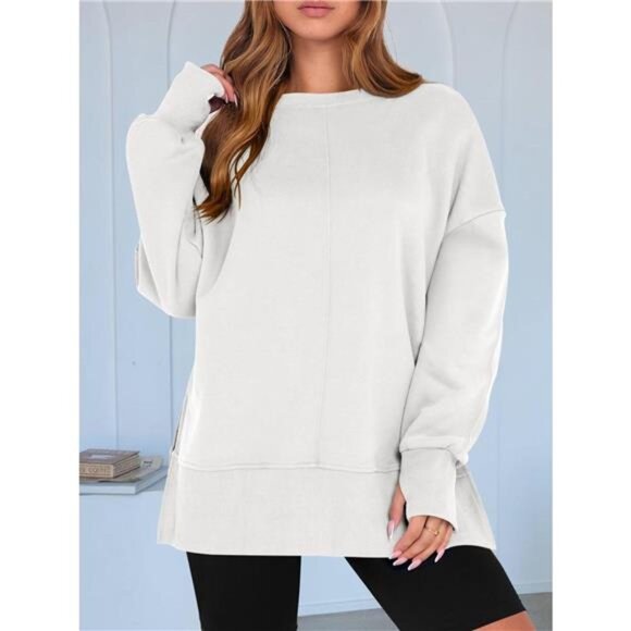 Side Slit Round Neck Long Sleeve Sweatshirt - Picture 11 of 16